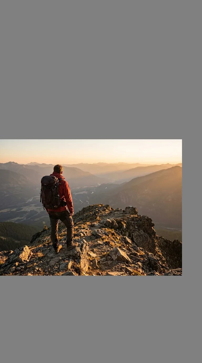 Foto horizontal de un excursionista en una cresta, dentro de un marco 9:16