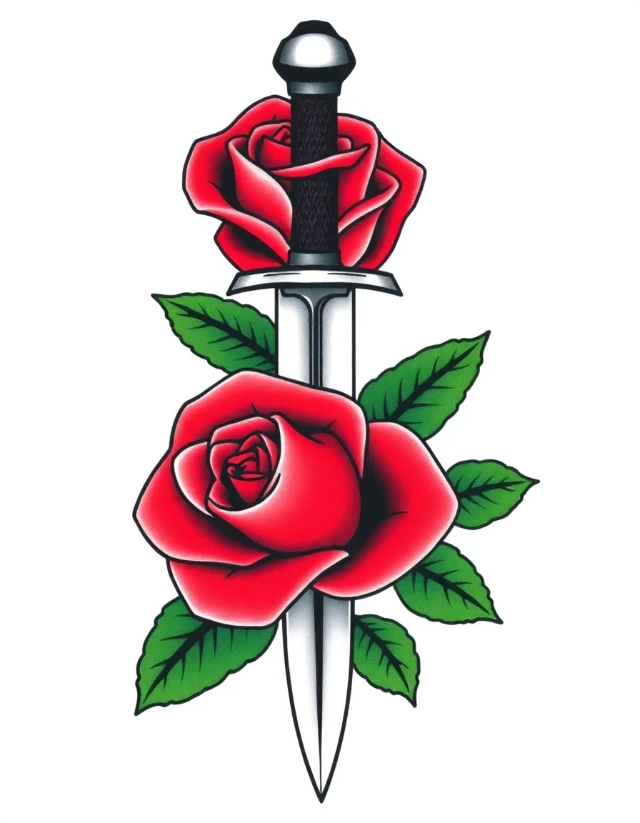 Traditional rose and dagger tattoo design