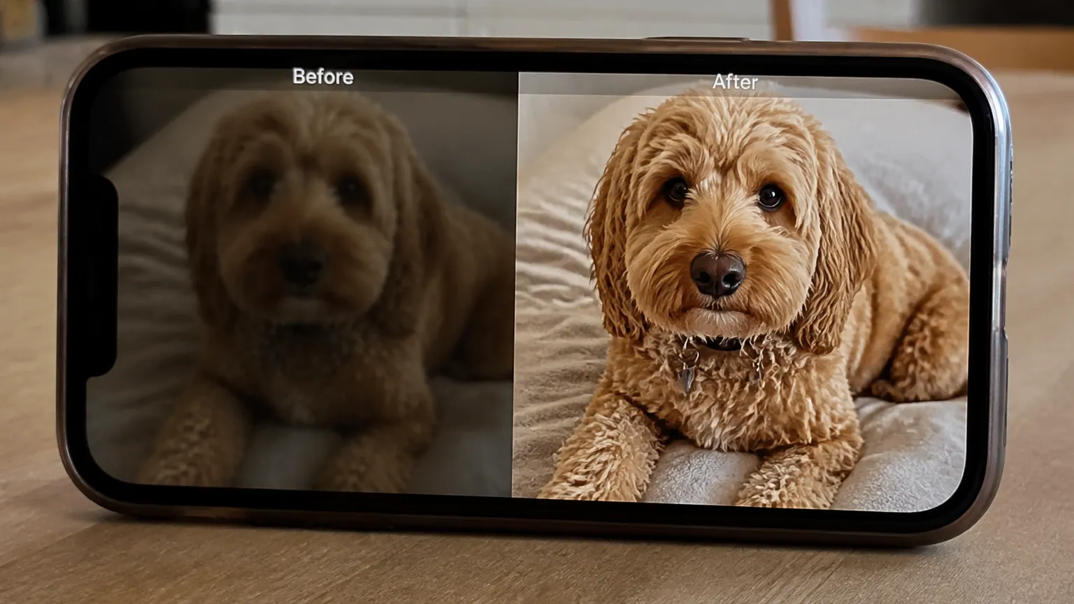 Before and after of the same dog photo, soft on the left and clean on the right