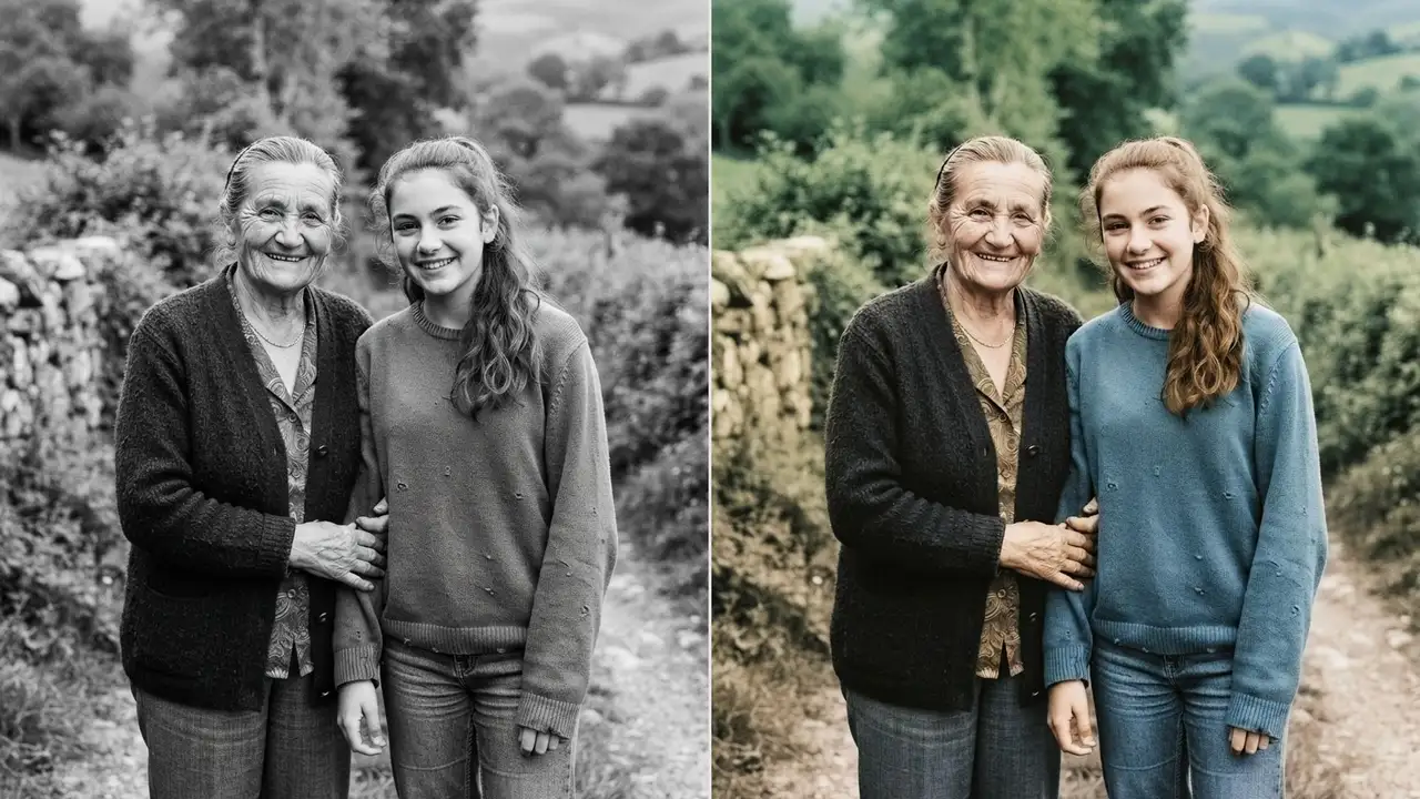 Antes y después de la misma copia en blanco y negro, rayada y moteada a la izquierda y limpia a la derecha