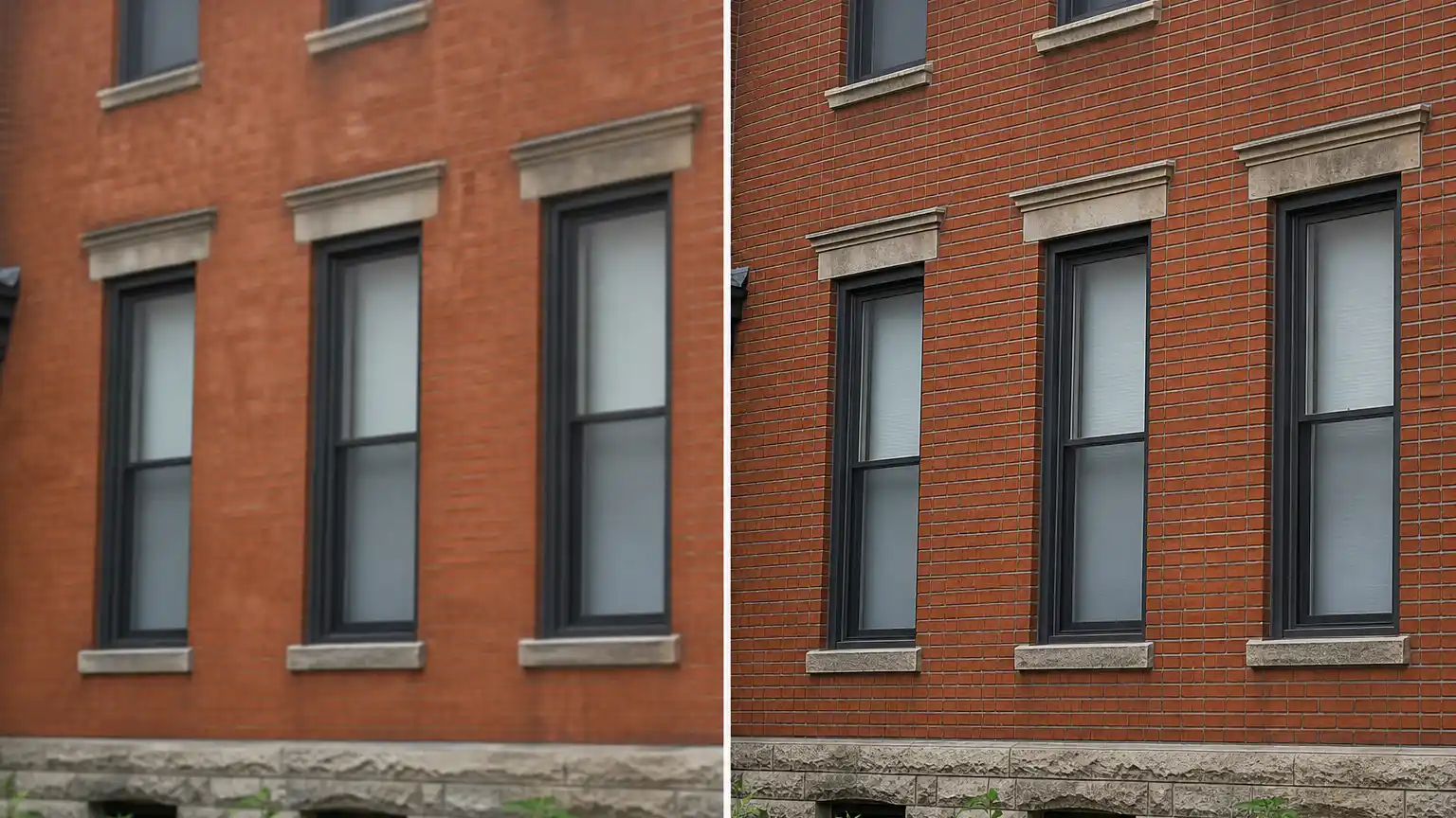 Antes y despues del mismo edificio de ladrillo, aspecto ceroso a la izquierda y detalle limpio a la derecha