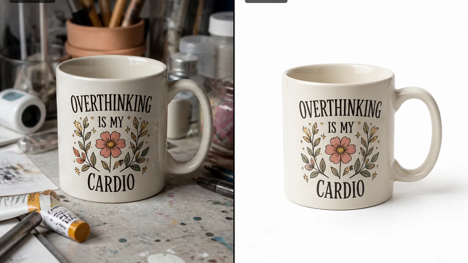 Before and after of the same ceramic mug, cluttered desk on the left and clean white background on the right