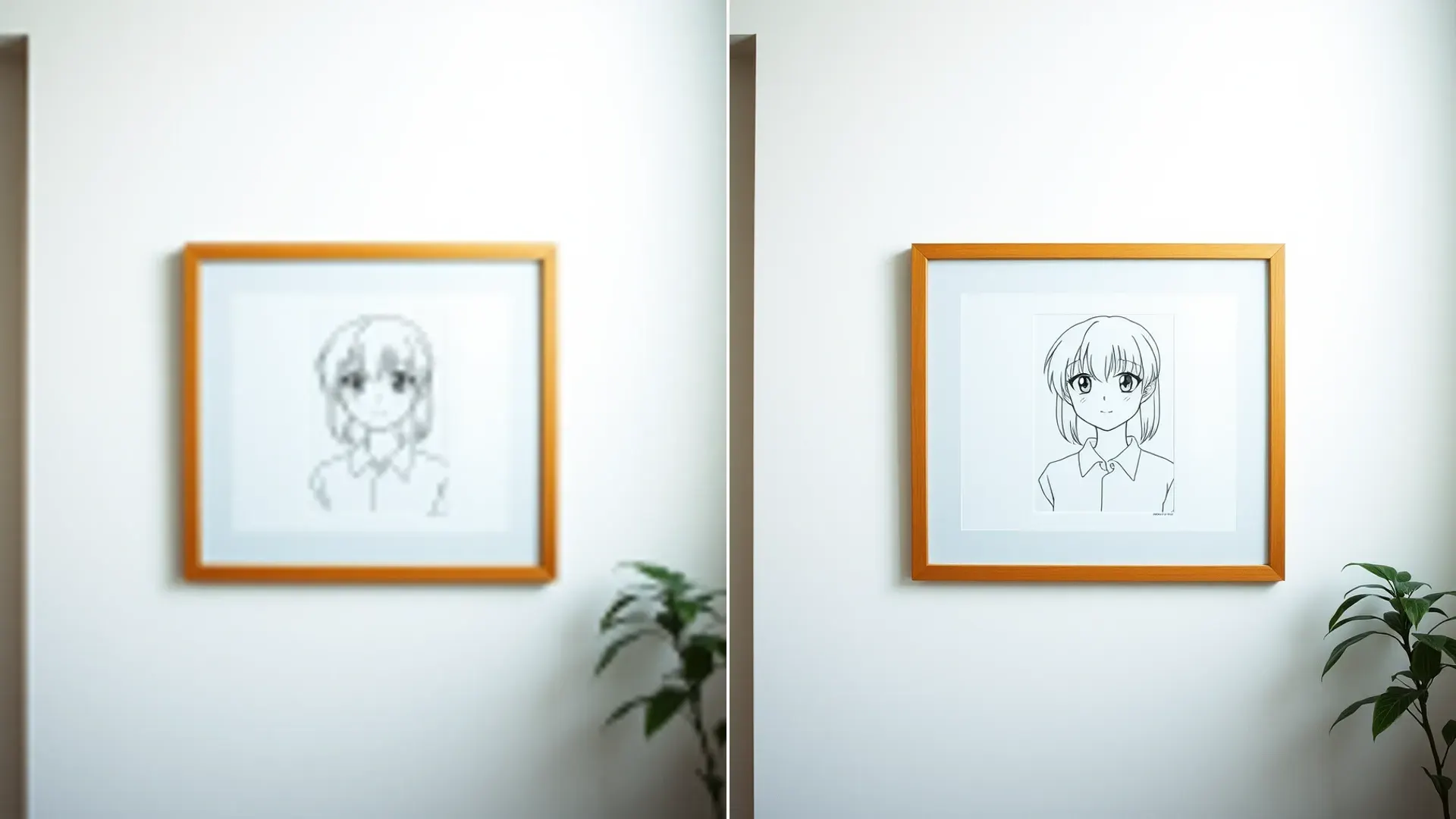 Before and after of the same character illustration, blocky outlines on the left and clean line work on the right
