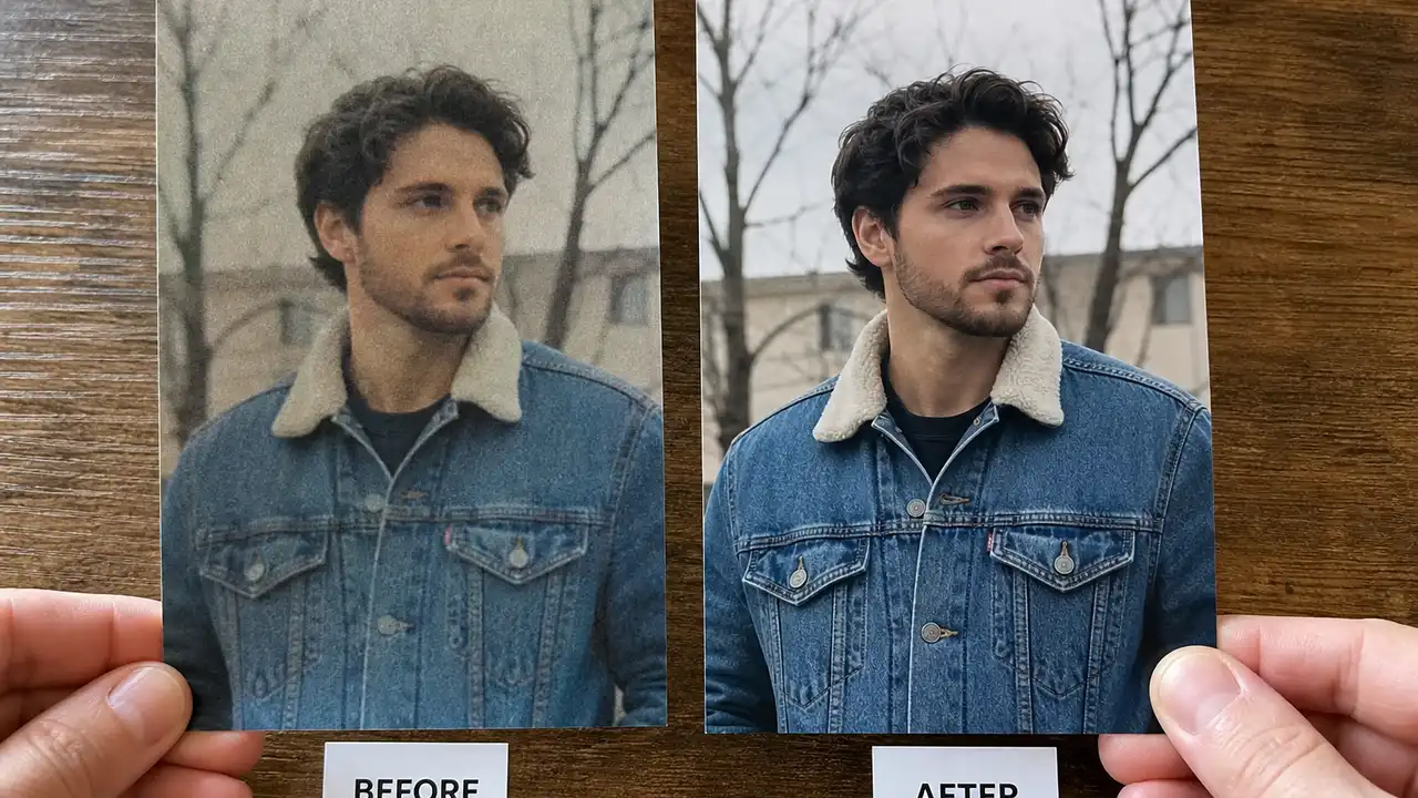 Before and after prints of the same portrait, soft on the left and clean on the right