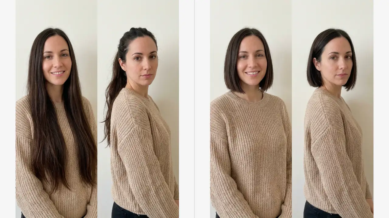 Before and after of the same woman in the same beige sweater, long hair on the left and a short bob on the right
