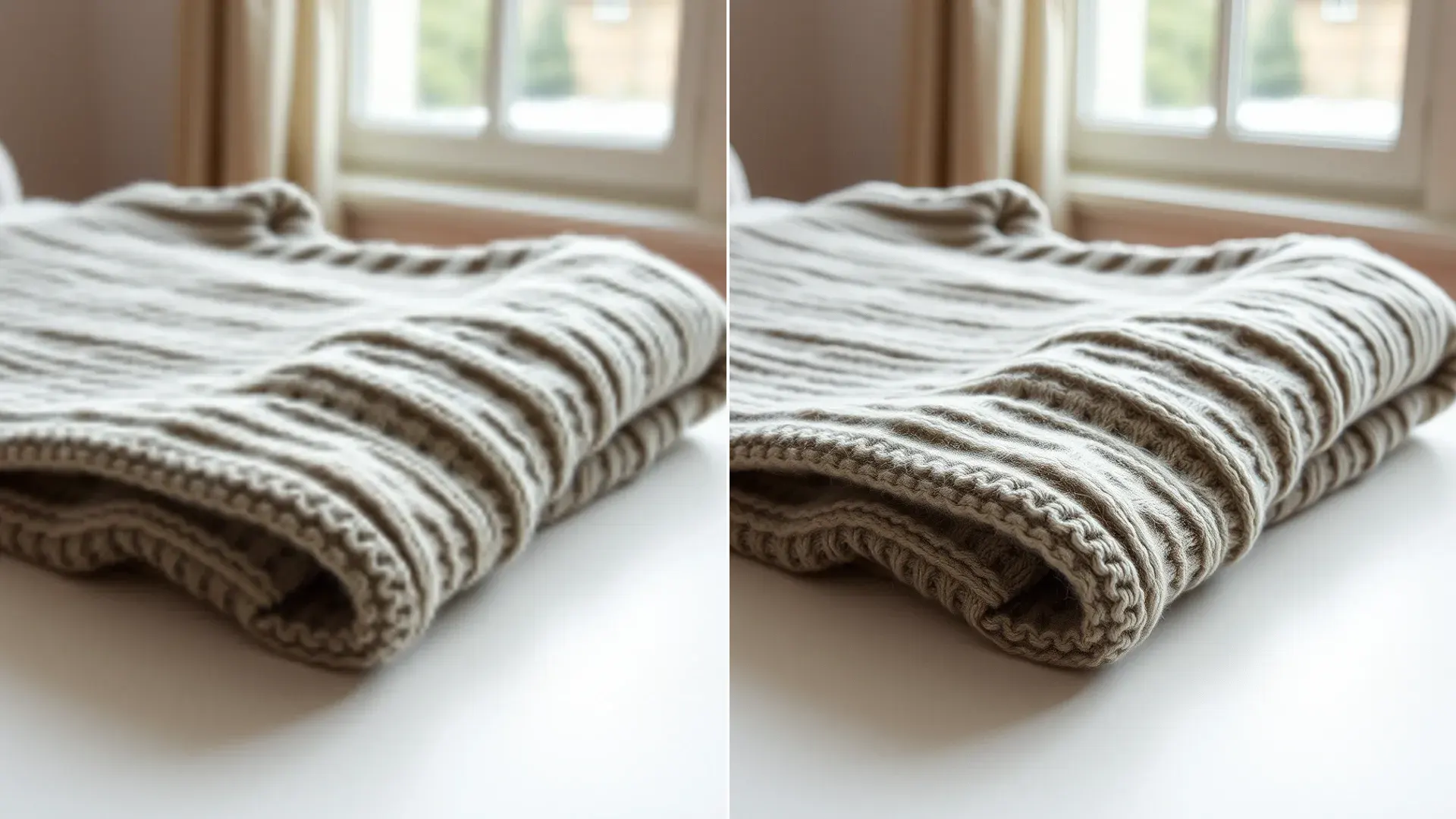 Before and after close up of the same knitted wool jumper, blurred stitches on the left and sharp on the right