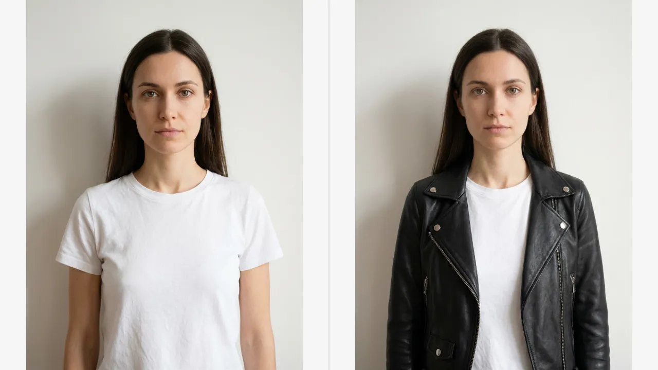 Before and after of the same woman in a white t-shirt, with a black leather jacket added over it on the right