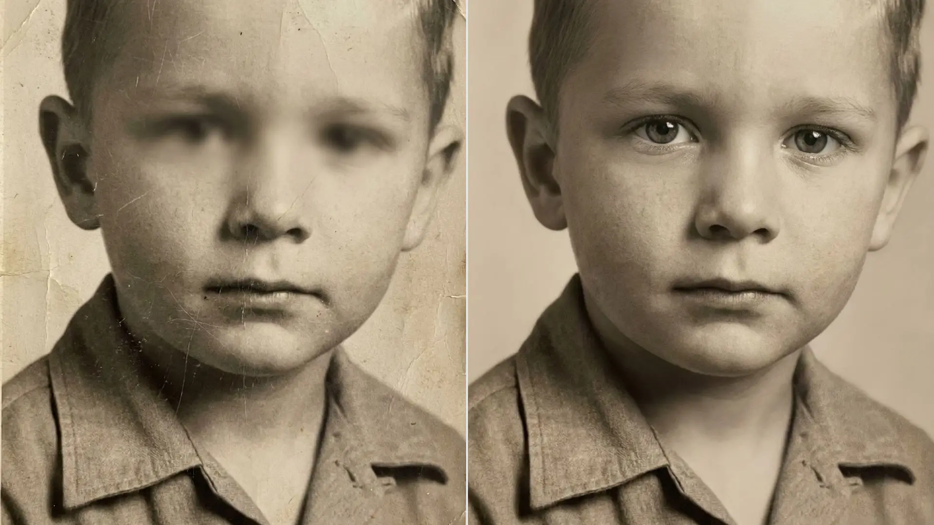 Antes y después del mismo retrato escolar, descolorido y amarillento a la izquierda y restaurado a la derecha