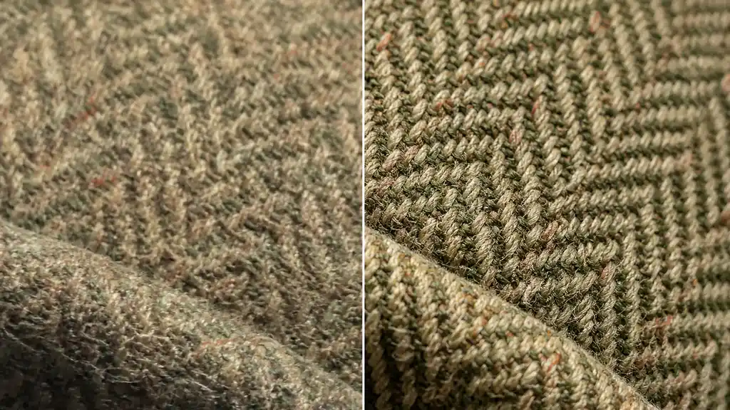 Before and after close up of jacket fabric, grainy weave on the left and clean threads on the right