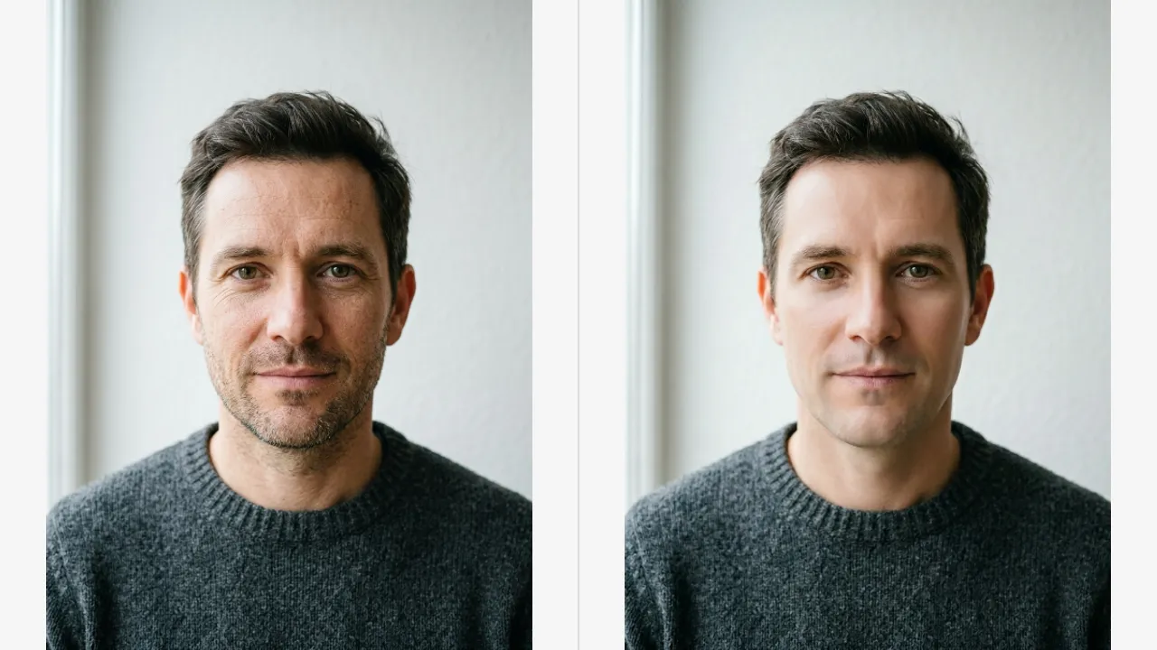 The same portrait of a man twice, natural skin texture on the left and waxy over processed skin on the right