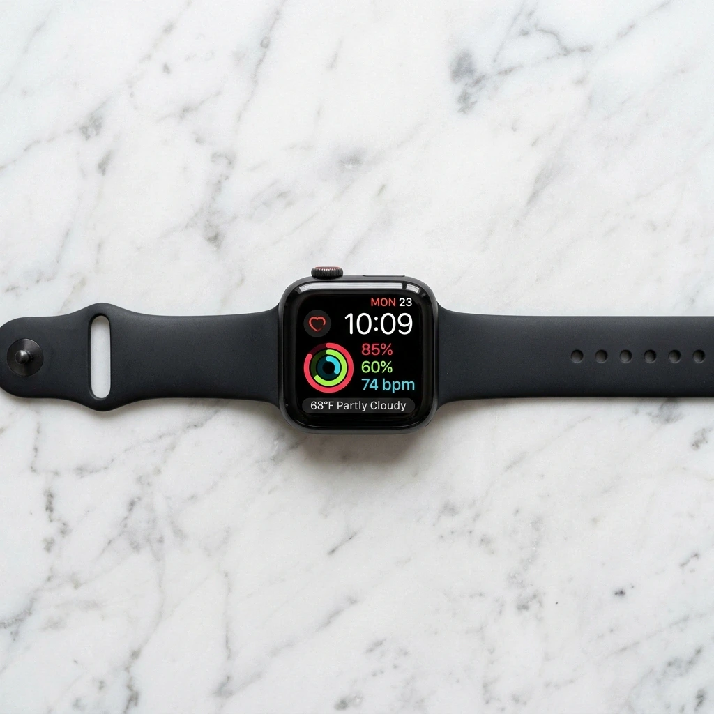 AI generated product shot of a smartwatch on marble